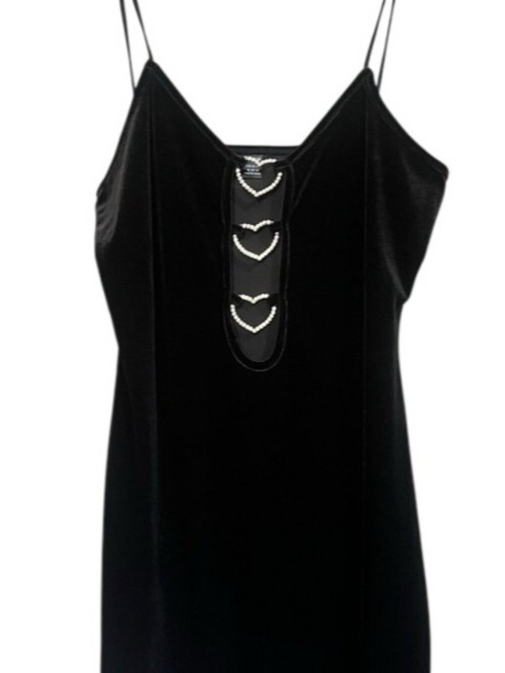 SHEIN Black Velvet Mini Sexy Rhinestone Heart Cutouts Spaghetti Straps Dress - Picture 7 of 16